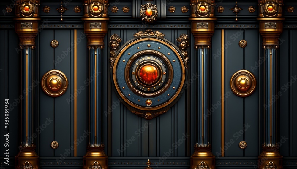 Ornate Golden Columns and Decorative Panel on a Dark Blue Background Ornate Golden Columns and Decorative Panel on a Dark Blue Background