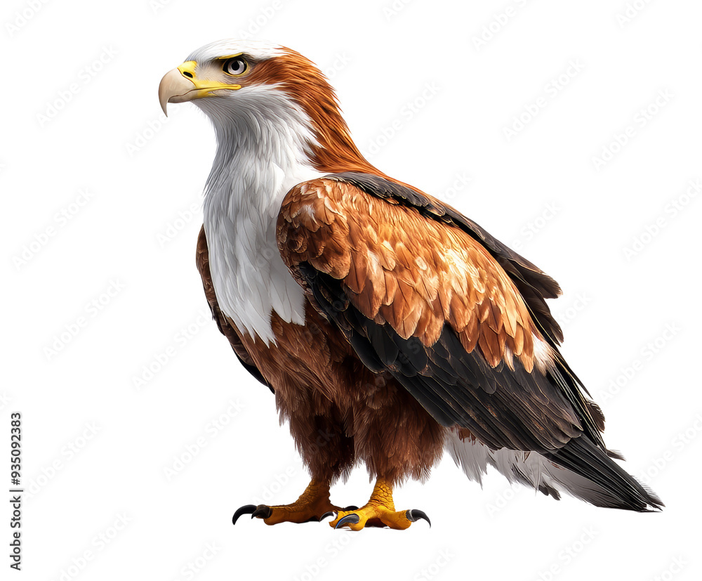 Obraz premium Stunning portrait of a majestic eagle with striking plumage, perched with an attentive gaze. Perfect for wildlife and nature themed projects. sideview PNG.