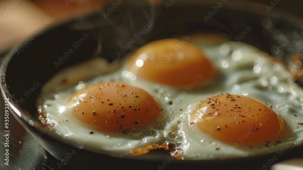 Sunny side up poached egg or omelette on a skillet or pan. Top view. Sunny side up poached egg or omelette on a skillet or pan. Top view.