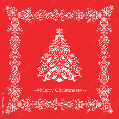  Celebration red background with Christmas tree and place for your text.  Christmas menu design.   Merry Christmas greeting card design. Christian Good News. Catholic, Orthodox. vector illustration 