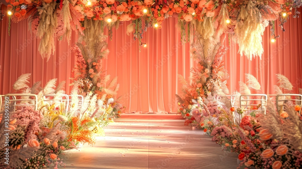Floral Archway with Pink Curtains and String Lights for a Wedding Ceremony Floral Archway with Pink Curtains and String Lights for a Wedding Ceremony