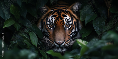 A portrait of a hidden tiger in the bushes of a beautiful  jungle background during the day time closeup shot and sharp colors photo