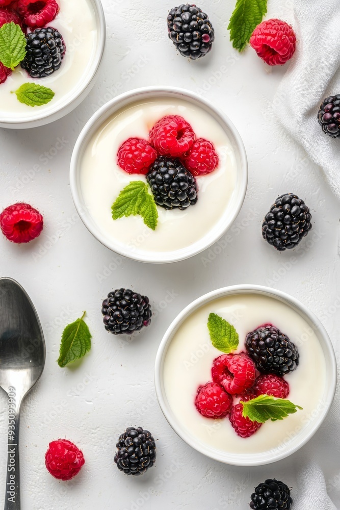 A top-down view of creamy Greek yogurt with raspberry sauce and fresh berries A top-down view of creamy Greek yogurt with raspberry sauce and fresh berries