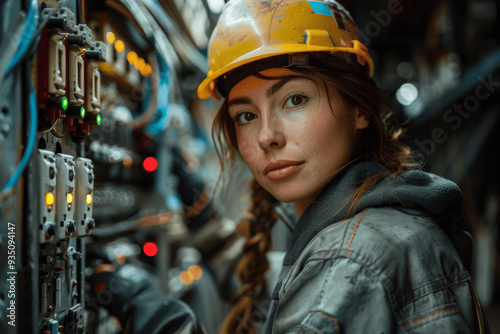 Young Woman Electrician Working On Electrical Panels In Safety Gear