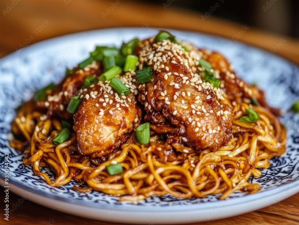 Close-up of a plate of noodles topped with chicken, sesame seeds, and green onions. Close-up of a plate of noodles topped with chicken, sesame seeds, and green onions.