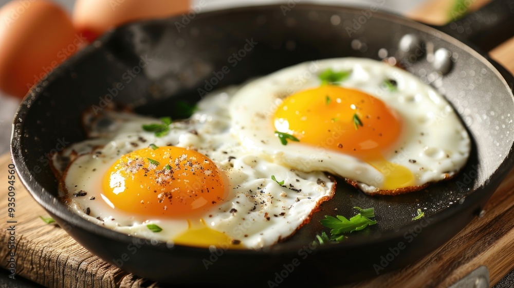 Sunny side up poached egg or omelette on a skillet or pan. Top view. Sunny side up poached egg or omelette on a skillet or pan. Top view.