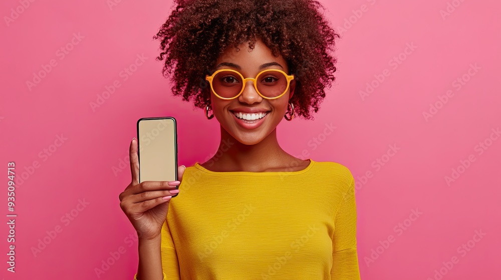 Smiling woman holding a phone. Perfect for showcasing mobile apps, websites, or social media. Smiling woman holding a phone. Perfect for showcasing mobile apps, websites, or social media.
