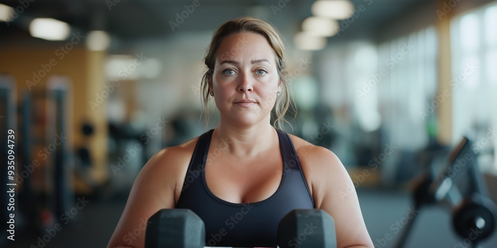 An overweight woman working out in a gym as part of a fitness program or new year resolution