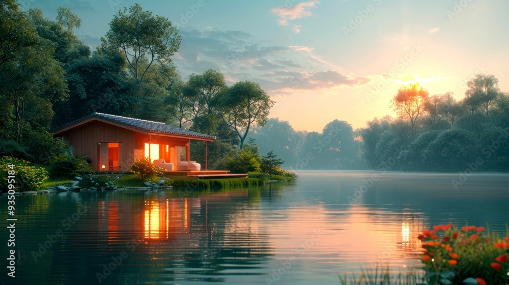 Tranquil Lakeside Cabin at Sunset with a Reflection in the Water Tranquil Lakeside Cabin at Sunset with a Reflection in the Water