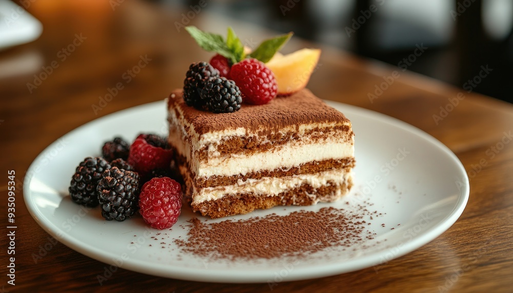 Close-up of a slice of tiramisu with fresh berries and cocoa powder on a white plate. Close-up of a slice of tiramisu with fresh berries and cocoa powder on a white plate.