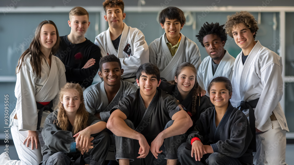 Fototapeta premium Coaches and students posing in a martial arts studio.