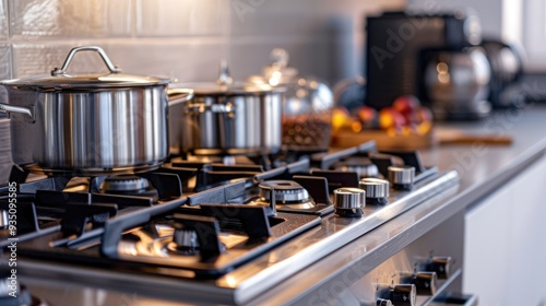 Stainless Steel Kitchen Stovetop with Pots