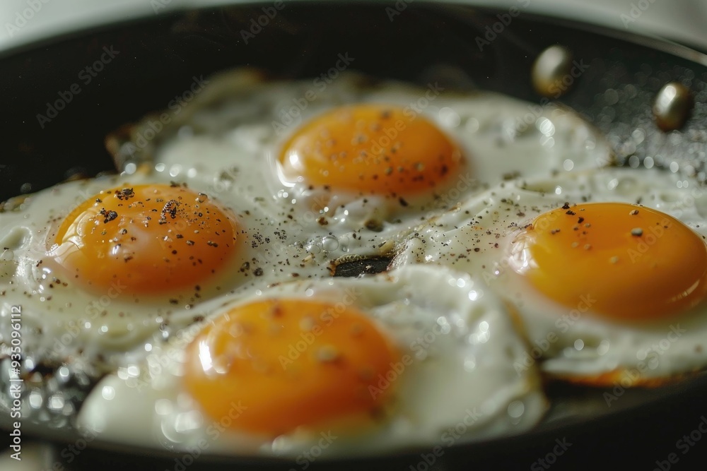 Sunny side up poached egg or omelette on a skillet or pan. Top view. Sunny side up poached egg or omelette on a skillet or pan. Top view.