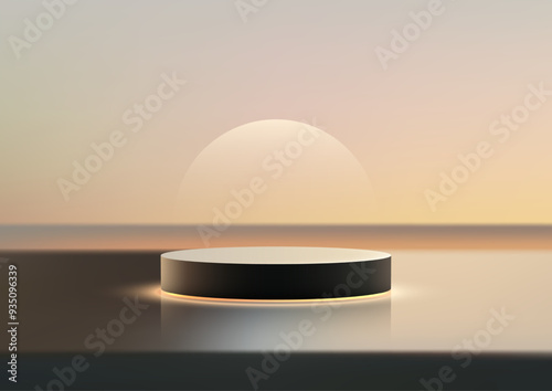 Mockup of a 3D Circular Platform Illuminated at Sunrise, Minimalist Product Display in Soft Gradient Background for Modern Showcase, Nature Inspired Showroom