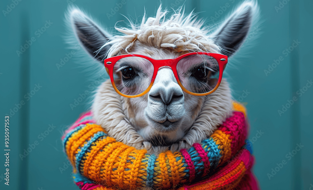 Llama Wearing Red Glasses And Colorful Knitted Scarf Llama Wearing Red Glasses And Colorful Knitted Scarf