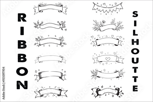 Vintage ribbons Banners Set Hand Drawn illustration. Vintage style ribbon elements for your design works. Vintage ribbons Banners Vector illustration.