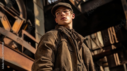 Young man wearing a brown jacket. This photo is perfect for a film poster or magazine cover.