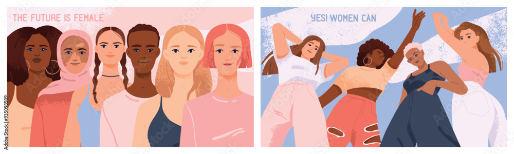 Womens History Month. Set of banners with beautiful strong women of different ethnicity and races standing together. Feminism, Sisterhood and Equality. Flat vector illustrations isolated on background Womens History Month. Set of banners with beautiful strong women of different ethnicity and races standing together. Feminism, Sisterhood and Equality. Flat vector illustrations isolated on background