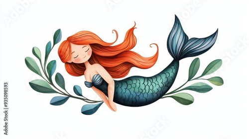 A whimsical handdrawn mermaid, showcasing vibrant colors and textures, perfect for aquaticthemed projects. photo