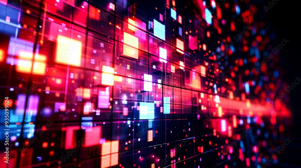 Abstract digital grid with glowing red, blue, and pink squares. Abstract digital grid with glowing red, blue, and pink squares.