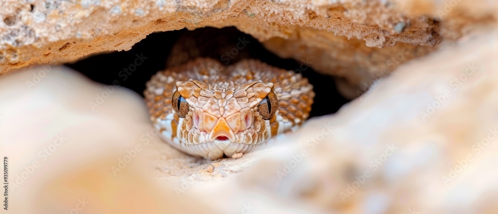 A tight shot of a tiny lizard emerging from a rock fissure, gazing at a distant lizard on the face A tight shot of a tiny lizard emerging from a rock fissure, gazing at a distant lizard on the face