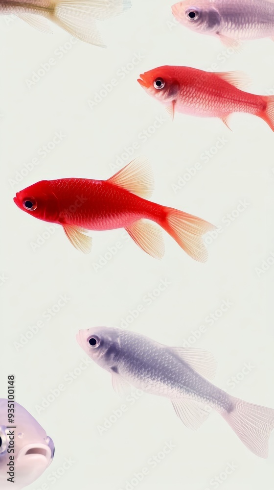 Fototapeta premium A group of colorful small fish swimming in the water with a simple background suitable for a mobile wallpaper in a minimalist style The image has white space at the top and bottom with a light gray 