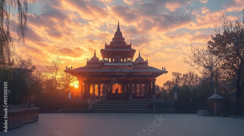 Wallpaper Mural A serene South Asian temple at sunrise, with vast open sky for text overlay. A peaceful moment captured in time. Torontodigital.ca