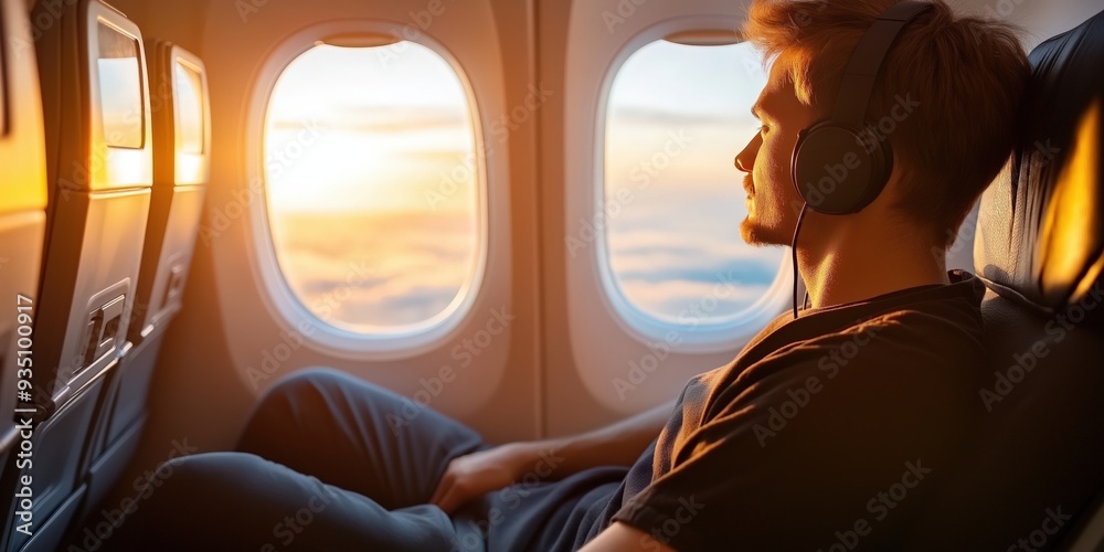 custom made wallpaper toronto digitalCloseup of a man relaxing in an aeroplane seat next to the window, wearing headphones