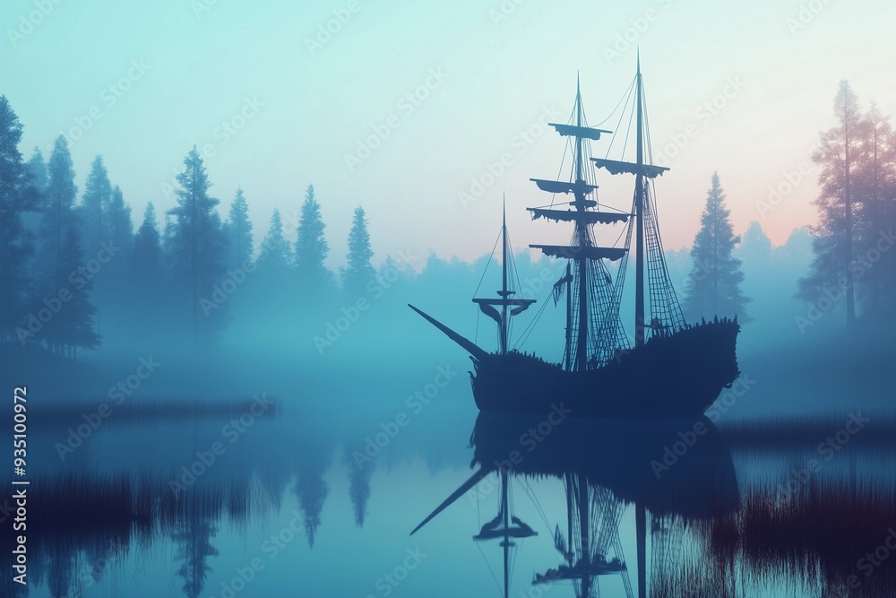 Pirate Ship Anchored in a Quiet, Foggy Bay at Dusk