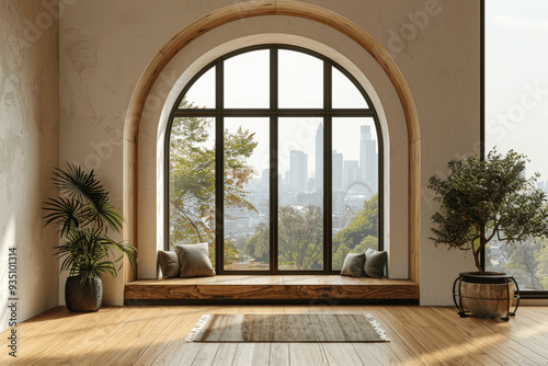Cozy Indoor Setting With Large Arched Window Offering Cityscape View