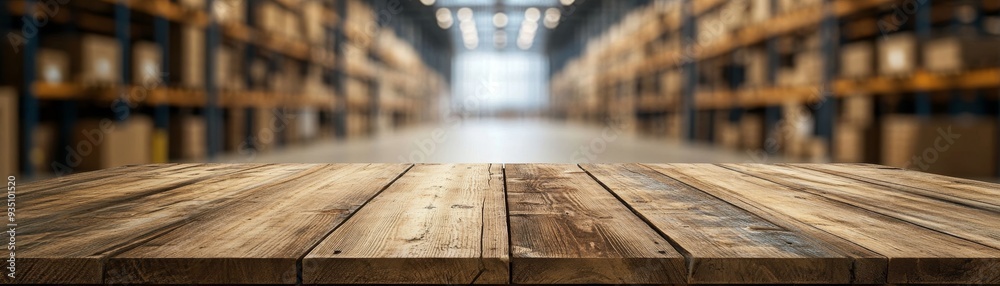 Overhead View of Rustic Wooden Table Against Blurred Warehouse Background with Organized Storage Facility - Business Concept Stock Photo Overhead View of Rustic Wooden Table Against Blurred Warehouse Background with Organized Storage Facility - Business Concept Stock Photo