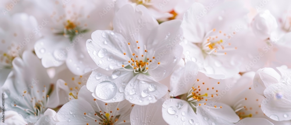 A close-up of numerous white flowers with dewdrops on their petals A close-up of numerous white flowers with dewdrops on their petals