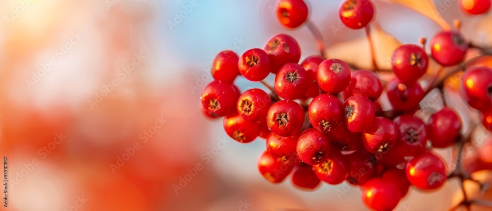 A tight shot of red berries clustered on a tree, surrounded by a softly blurred backdrop of neighboring trees A tight shot of red berries clustered on a tree, surrounded by a softly blurred backdrop of neighboring trees