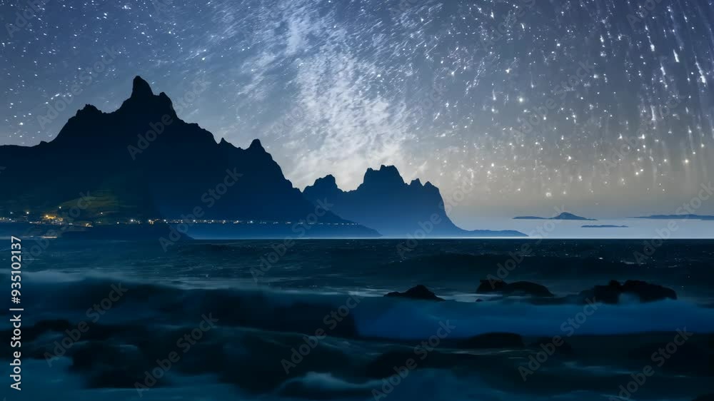 Captivating starlit night over ocean waves at a remote coastline Captivating starlit night over ocean waves at a remote coastline
