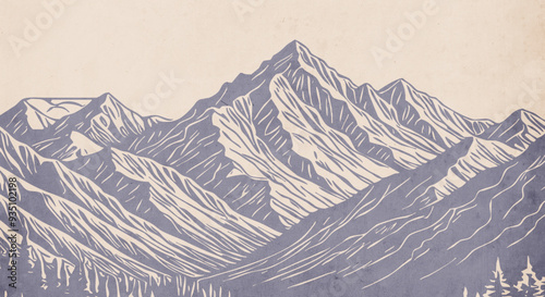 Mountain landscape. Vector graphics. Logo design for use in graphics. T-shirt print, tattoo design. Minimalist illustration for printing on wall decorations. Vintage grunge old .