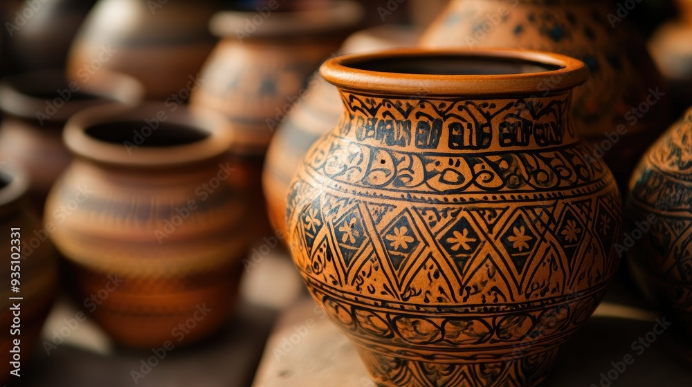South Asian pottery with intricate designs, with copy space for cultural or artistic content. South Asian pottery with intricate designs, with copy space for cultural or artistic content.