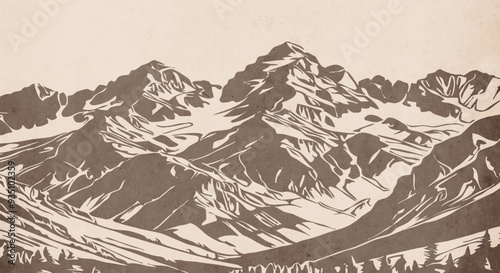 Mountain landscape. Vector graphics. Logo design for use in graphics. T-shirt print, tattoo design. Minimalist illustration for printing on wall decorations. Vintage grunge old .