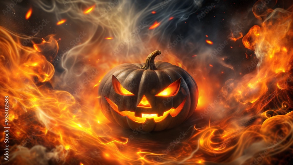 Naklejka premium Fiery Halloween Jack-O'-Lantern with Flames and Smoke