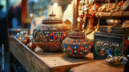 Traditional South Asian crafts displayed with space for promoting handmade goods or cultural heritage.