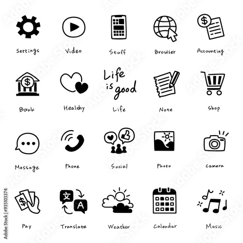 A sleek set of hand-drawn black line icons, ideal for enhancing mobile, tablet, and app designs with a minimalist, clean, and versatile aesthetic