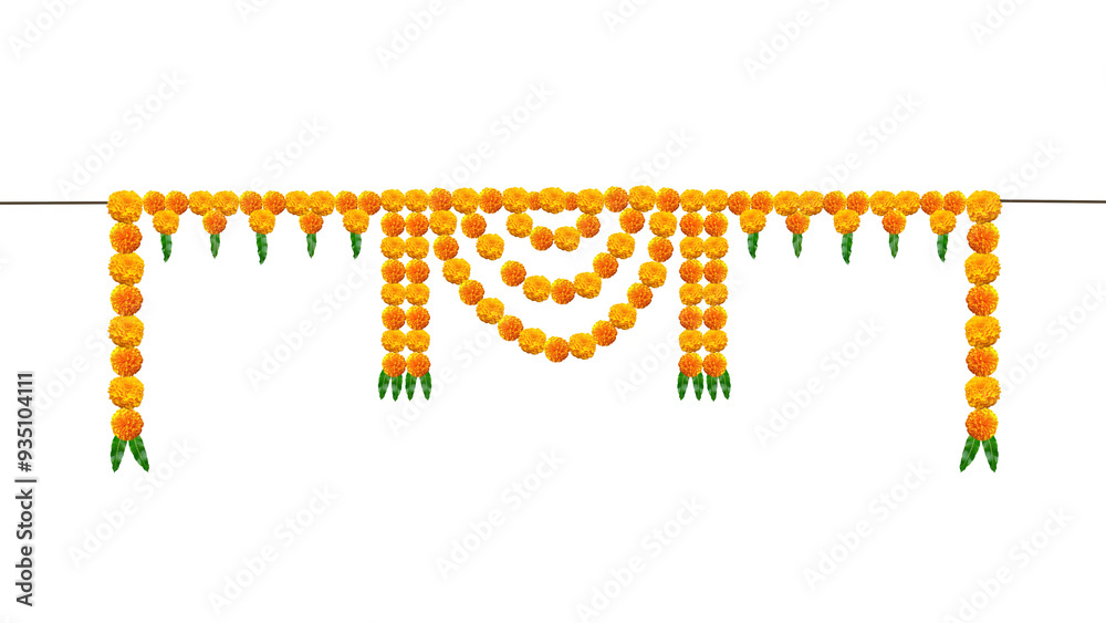 Naklejka premium Toran Indian traditional door garland of mango leaves and marigold flowers for marriage and festivals traditional.
