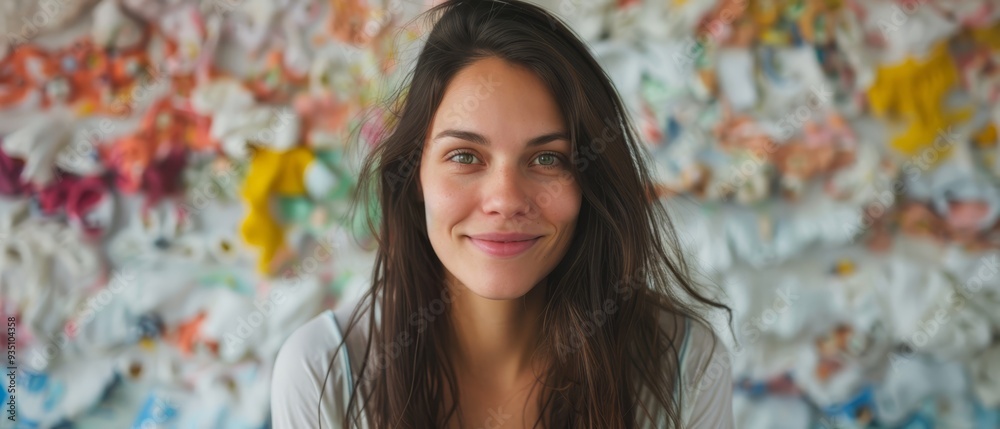  A woman smiles at the camera while standing before a wall adorned with paper flowers