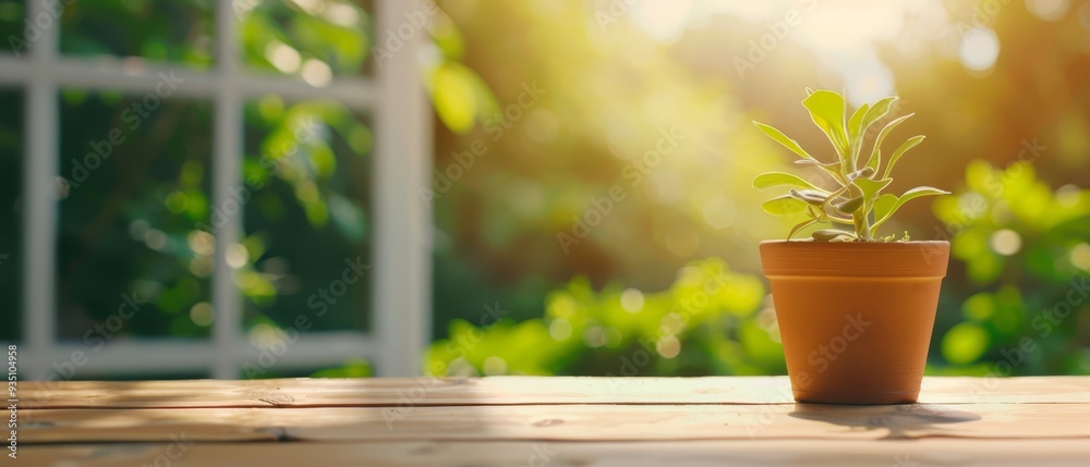 A small potted plant rests on a wooden table, bathed in sunlight filtering through the trees A small potted plant rests on a wooden table, bathed in sunlight filtering through the trees