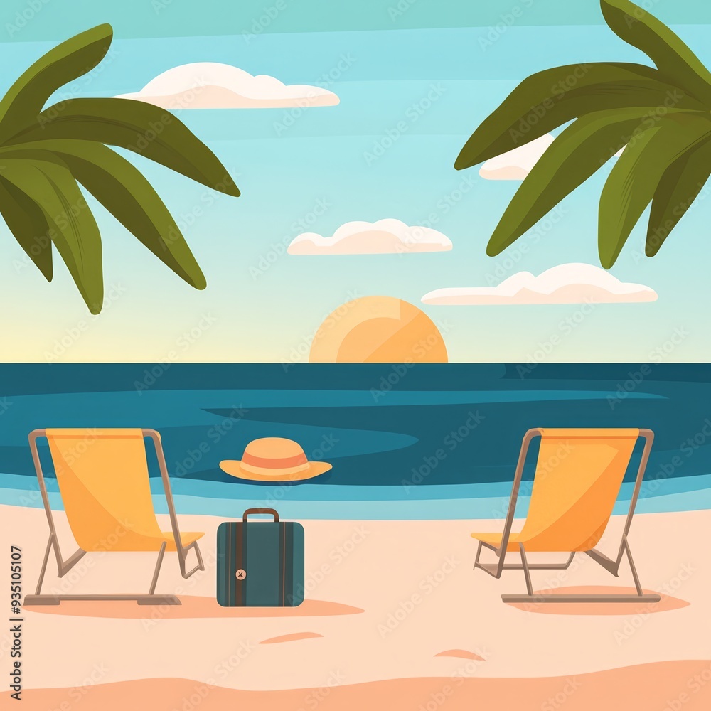 Obraz premium Sunset beach scene with two chairs, suitcase, hat, and palm trees, perfect for a relaxing vacation or travel concept.