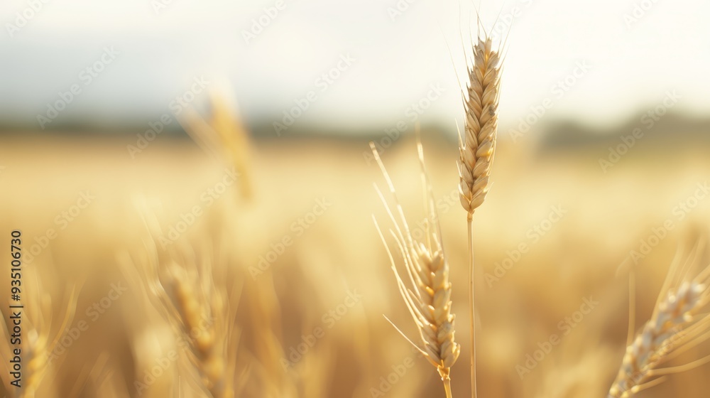 A tight shot of a wheat field, sunbeam in the foreground, hazy sky above A tight shot of a wheat field, sunbeam in the foreground, hazy sky above