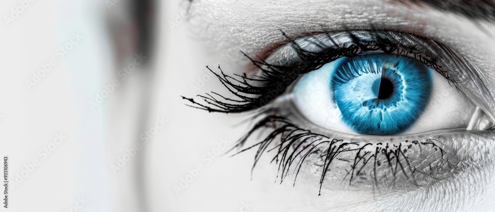 Fototapeta premium A tight shot of a woman's eye, revealing a blue iris at its core