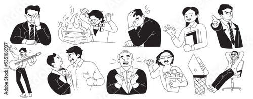 Set of people expressing emotions. Hand drawn doodle characters office workers with different emotions on their faces. Outline black and white vector illustration collection isolated on background