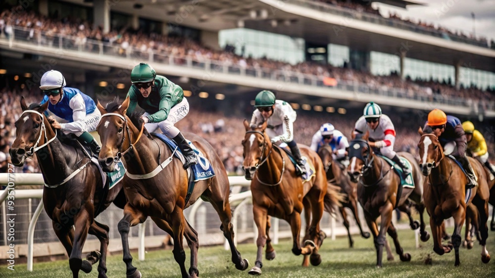Spring Racing Carnival, horses galloping on the lush green track, background of spectator stands full of cheering people, Spring Racing Carnival, horses galloping on the lush green track, background of spectator stands full of cheering people,