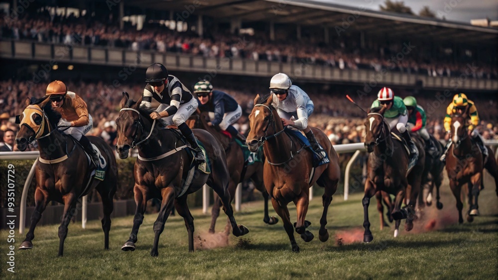 Spring Racing Carnival, horses galloping on the lush green track, background of spectator stands full of cheering people, Spring Racing Carnival, horses galloping on the lush green track, background of spectator stands full of cheering people,