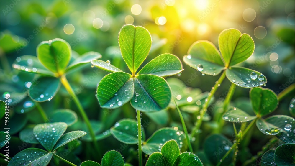 Close-Up of Dew-Covered Clover Leaves in Morning Sunlight for St. Patrick's Day Close-Up of Dew-Covered Clover Leaves in Morning Sunlight for St. Patrick's Day